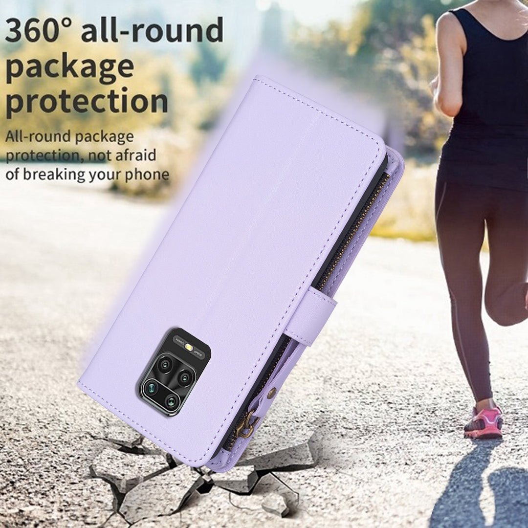 Xiaomi Redmi Note 9 Pro Max Leather Flip Phone Case with 9 Card Slots, Zipper Wallet & Detachable Wristlet Strap
