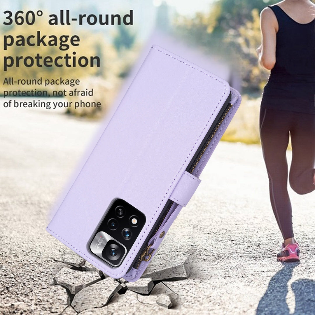 Xiaomi Redmi Note 11 Pro Leather Flip Phone Case with 9 Card Slots, Zipper Wallet & Detachable Wristlet Strap