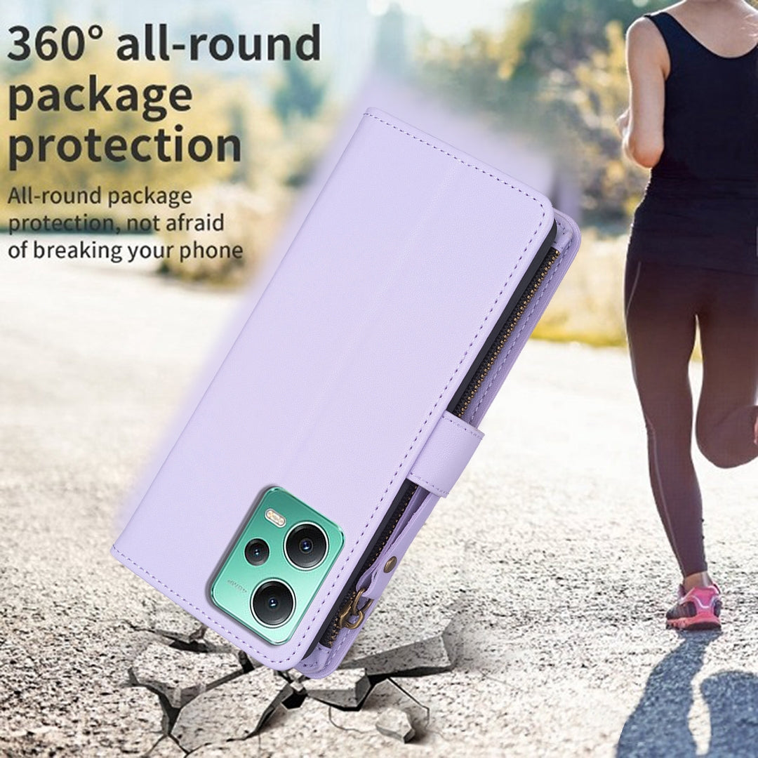 Xiaomi Redmi Note 12 5G Leather Flip Phone Case with 9 Card Slots, Zipper Wallet & Detachable Wristlet Strap