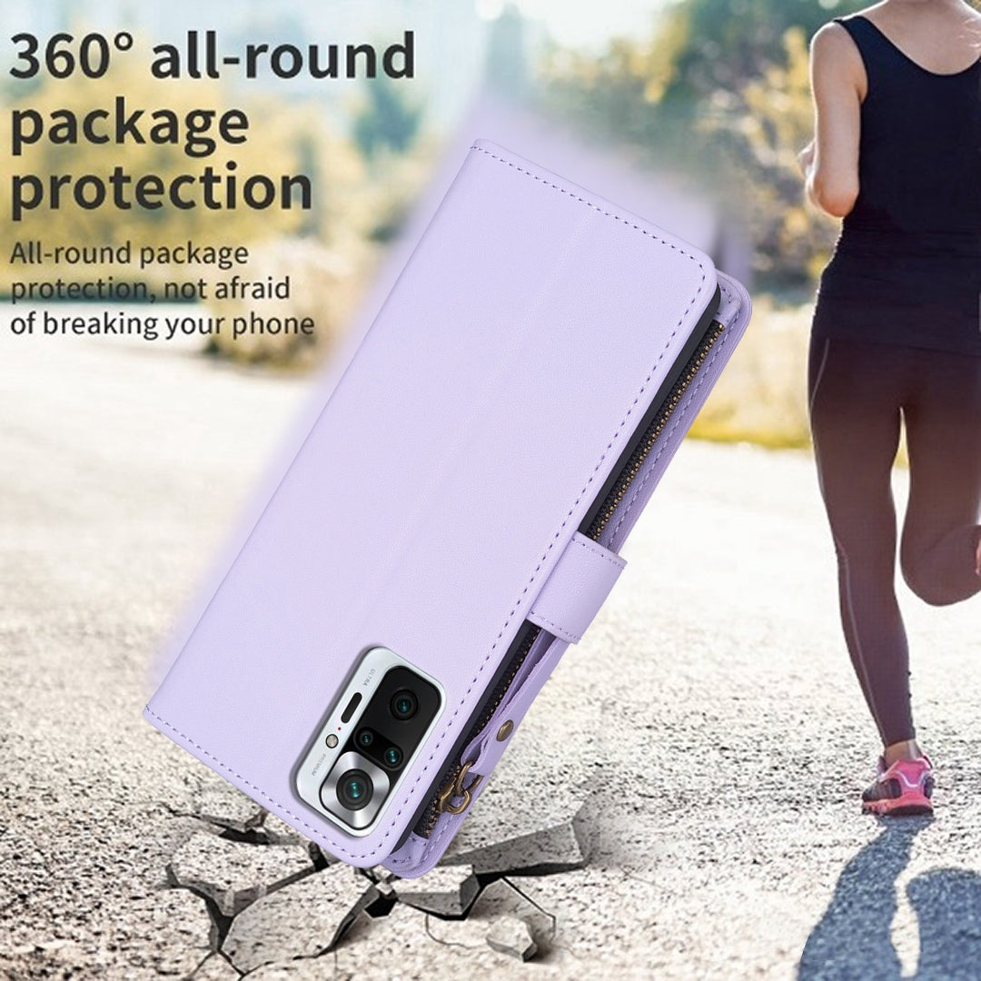 Xiaomi Redmi Note 10 Pro Leather Flip Phone Case with 9 Card Slots, Zipper Wallet & Detachable Wristlet Strap