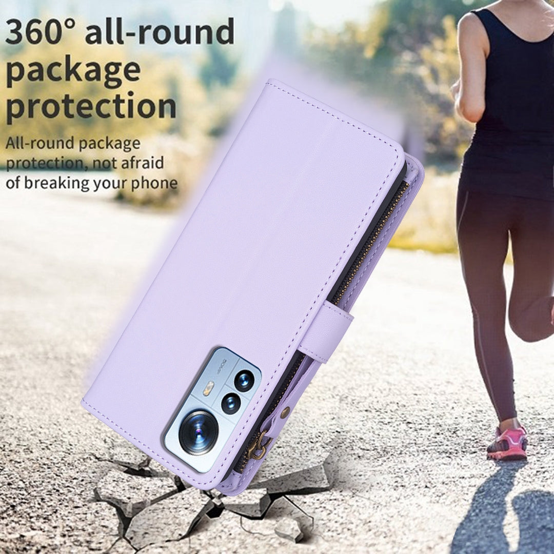 Xiaomi 12 Pro Leather Flip Phone Case with 9 Card Slots, Zipper Wallet & Detachable Wristlet Strap