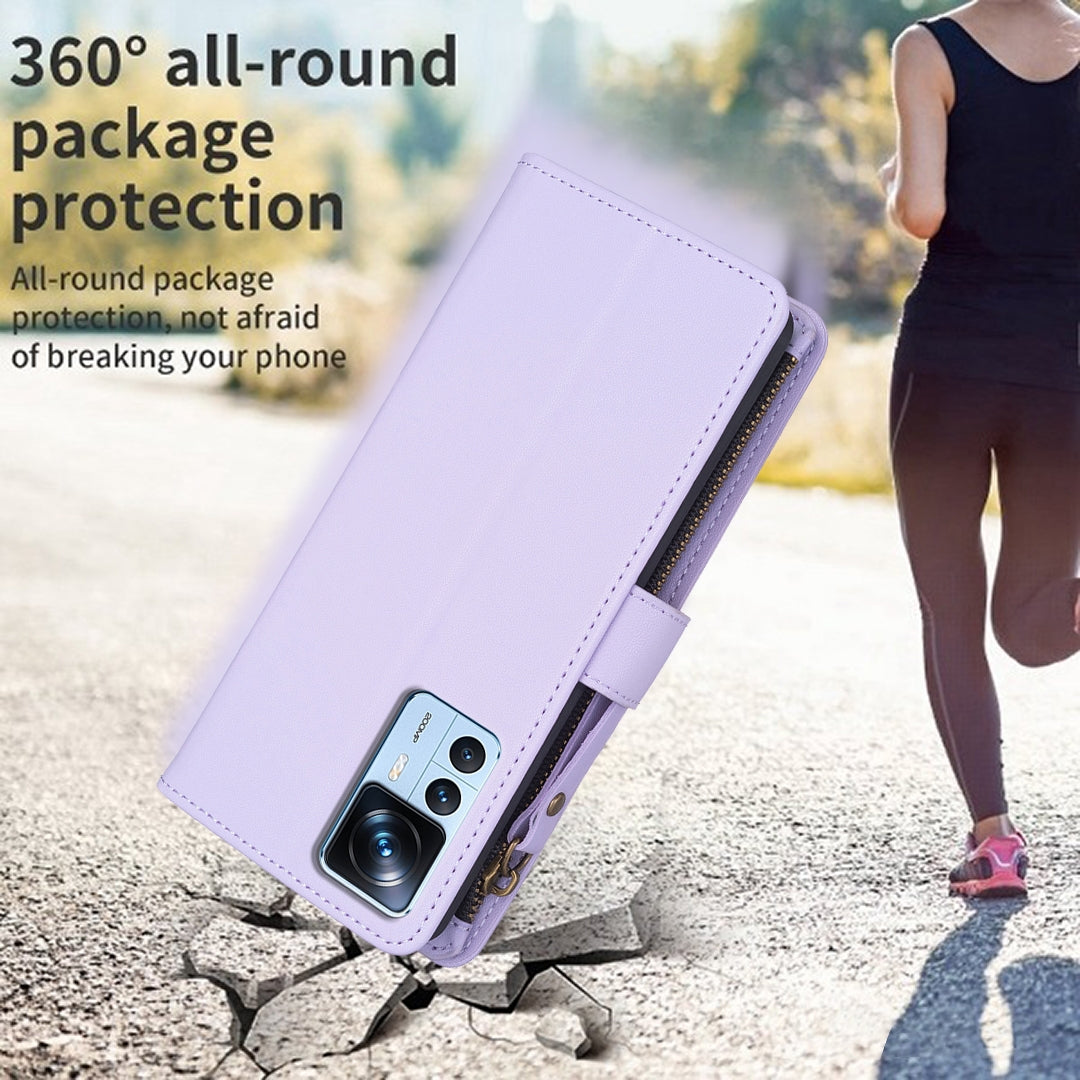 Xiaomi 12T Pro Leather Flip Phone Case with 9 Card Slots, Zipper Wallet & Detachable Wristlet Strap
