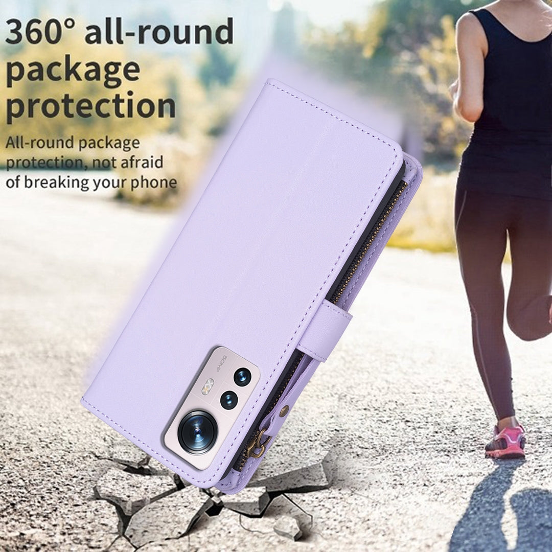 Xiaomi 12 Leather Flip Phone Case with 9 Card Slots, Zipper Wallet & Detachable Wristlet Strap