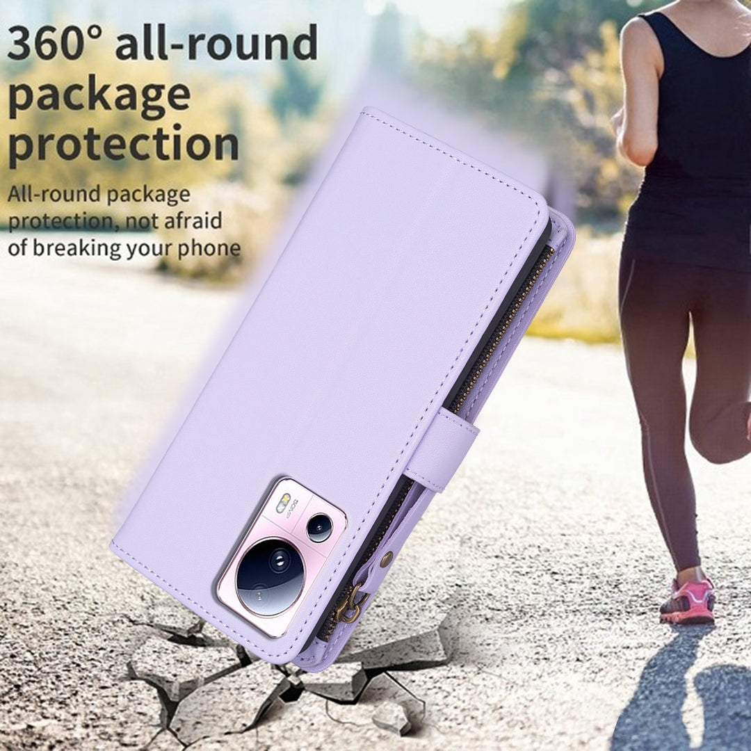 Xiaomi 13 Lite Leather Flip Phone Case with 9 Card Slots, Zipper Wallet & Detachable Wristlet Strap