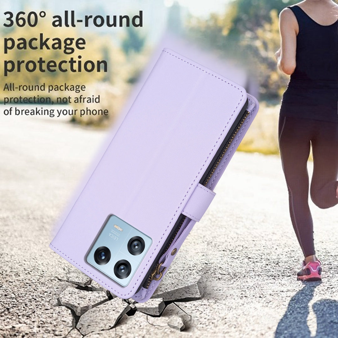 Xiaomi 13 Pro Leather Flip Phone Case with 9 Card Slots, Zipper Wallet & Detachable Wristlet Strap