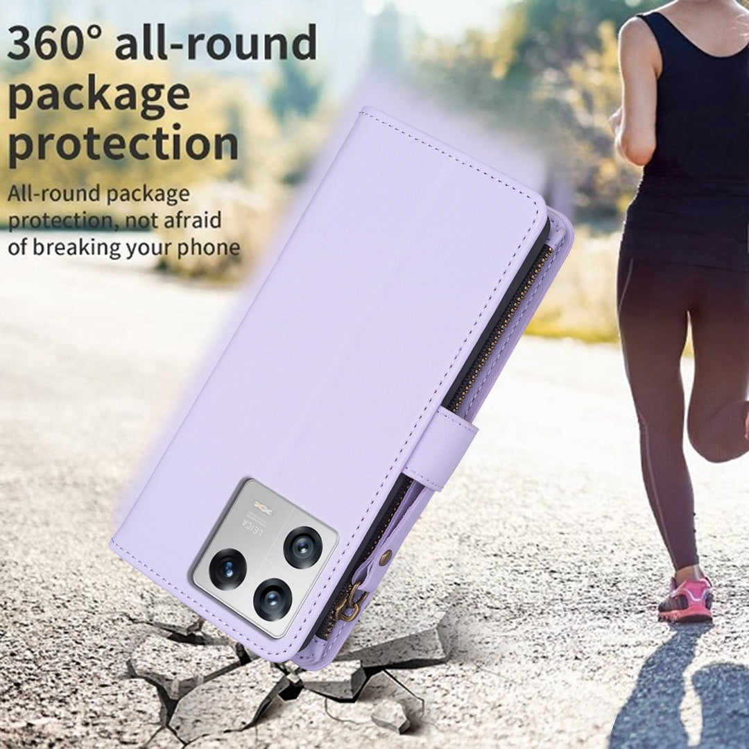 Xiaomi 13 Leather Flip Phone Case with 9 Card Slots, Zipper Wallet & Detachable Wristlet Strap