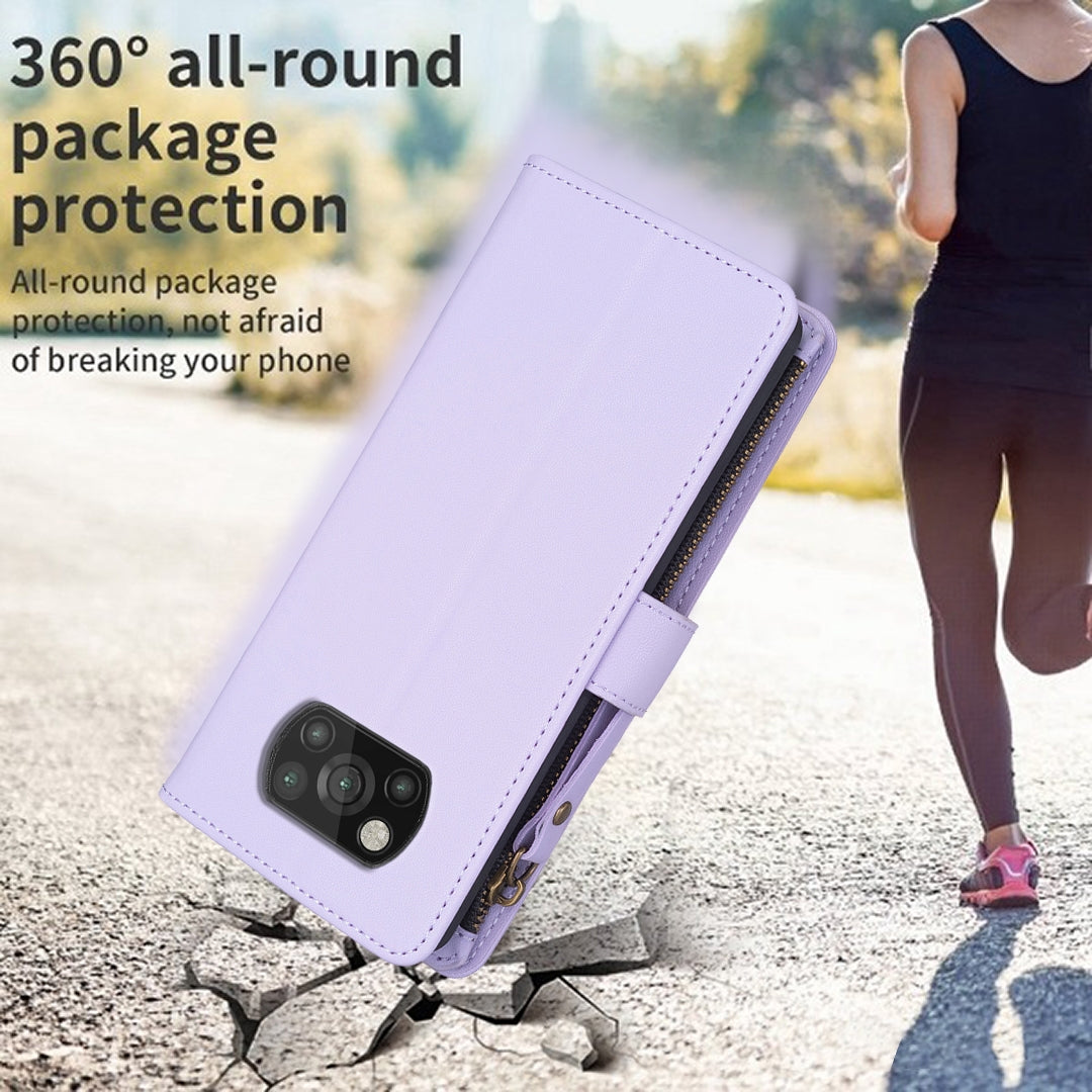 Xiaomi Poco X3 Leather Flip Phone Case with 9 Card Slots, Zipper Wallet & Detachable Wristlet Strap