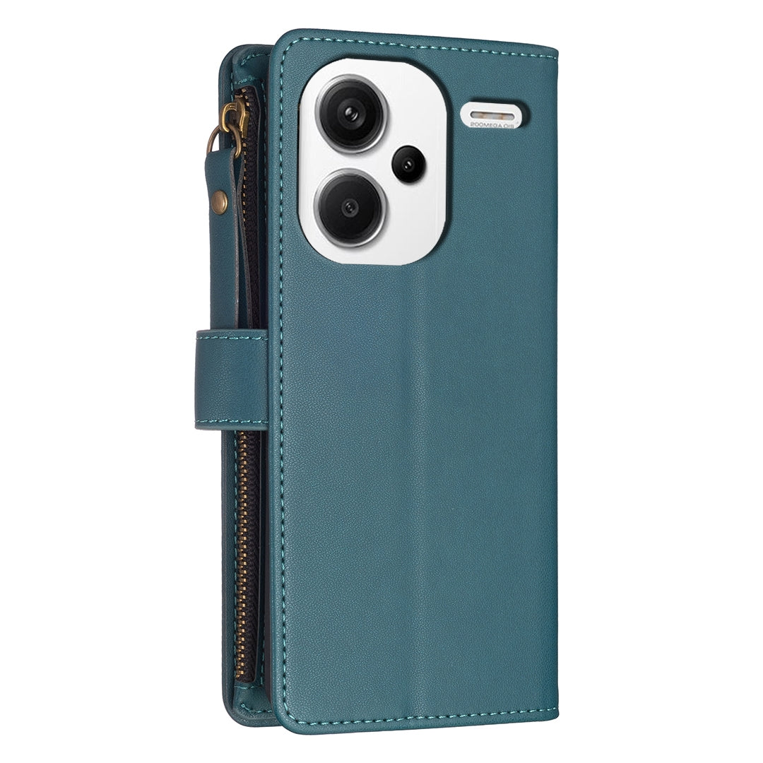Xiaomi Redmi Note 13 Pro+ 5G Leather Flip Phone Case with 9 Card Slots, Zipper Wallet & Detachable Wristlet Strap