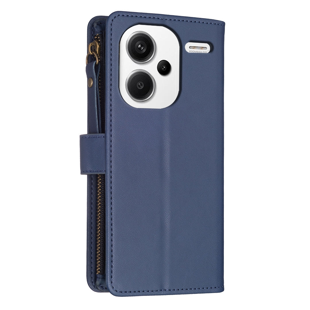 Xiaomi Redmi Note 13 Pro+ 5G Leather Flip Phone Case with 9 Card Slots, Zipper Wallet & Detachable Wristlet Strap
