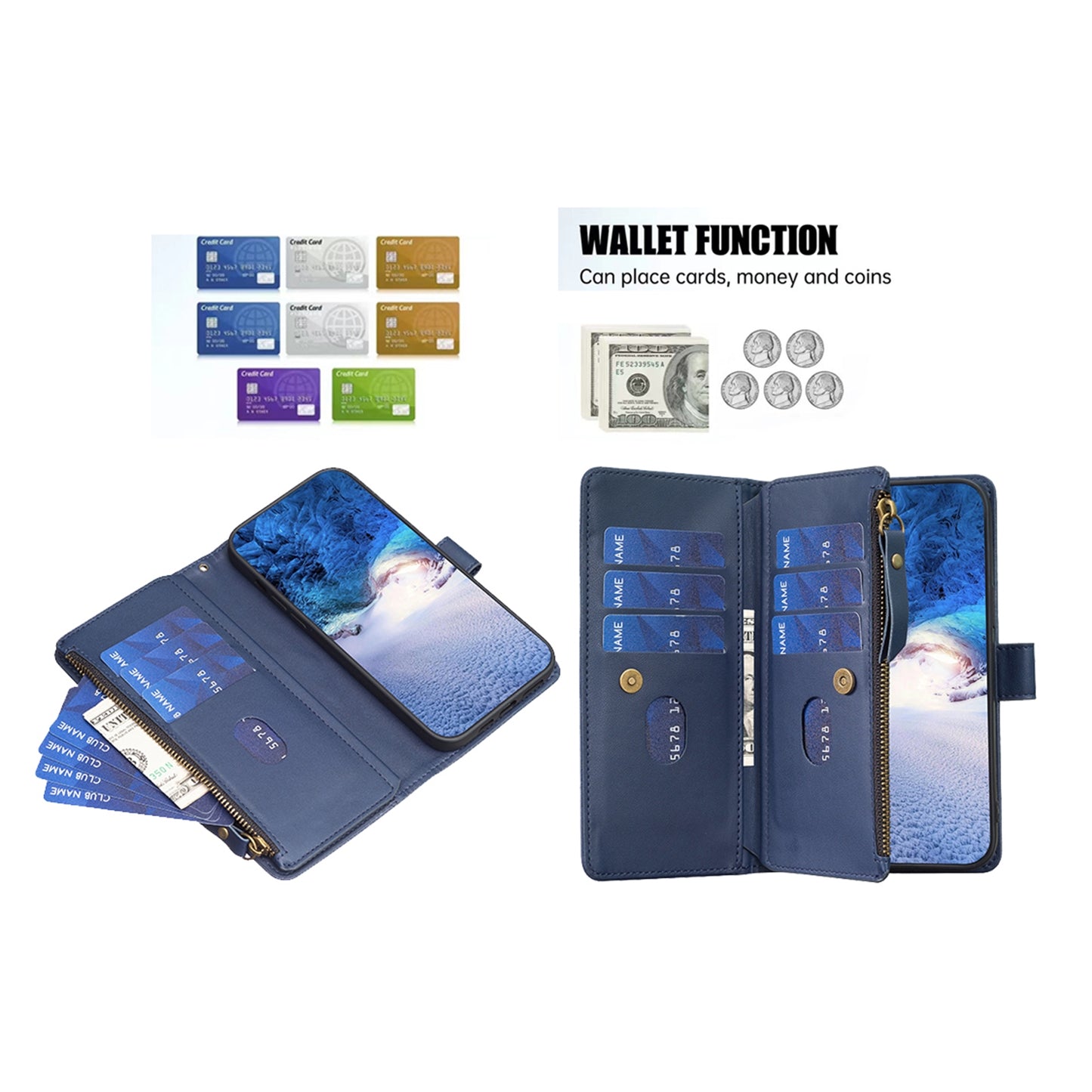 Xiaomi Redmi Note 13 Pro+ 5G Leather Flip Phone Case with 9 Card Slots, Zipper Wallet & Detachable Wristlet Strap