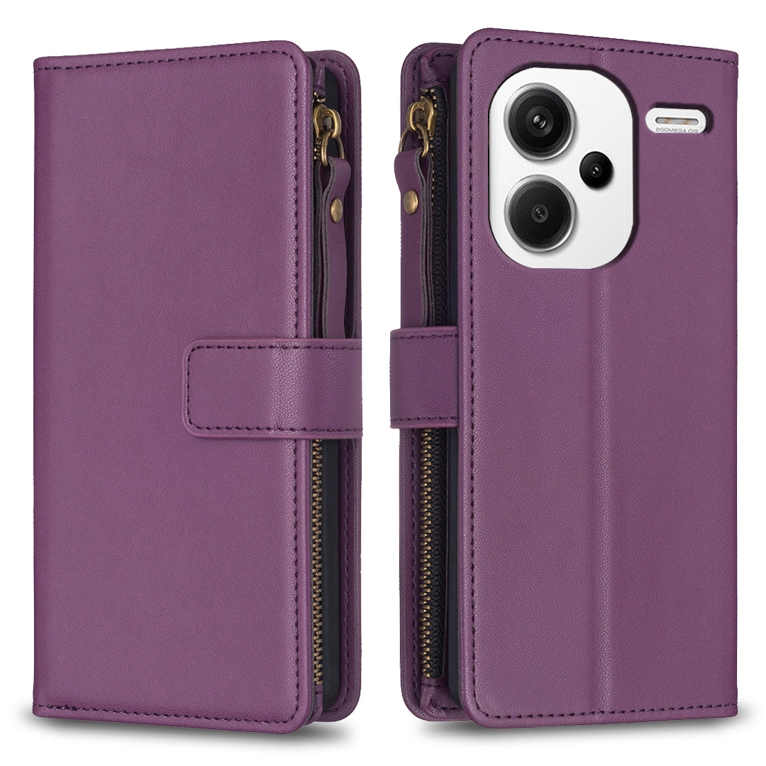 Xiaomi Redmi Note 13 Pro+ 5G Leather Flip Phone Case with 9 Card Slots, Zipper Wallet & Detachable Wristlet Strap