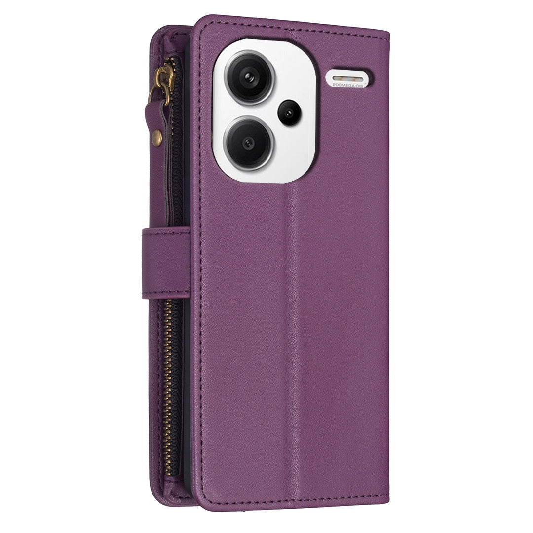Xiaomi Redmi Note 13 Pro+ 5G Leather Flip Phone Case with 9 Card Slots, Zipper Wallet & Detachable Wristlet Strap