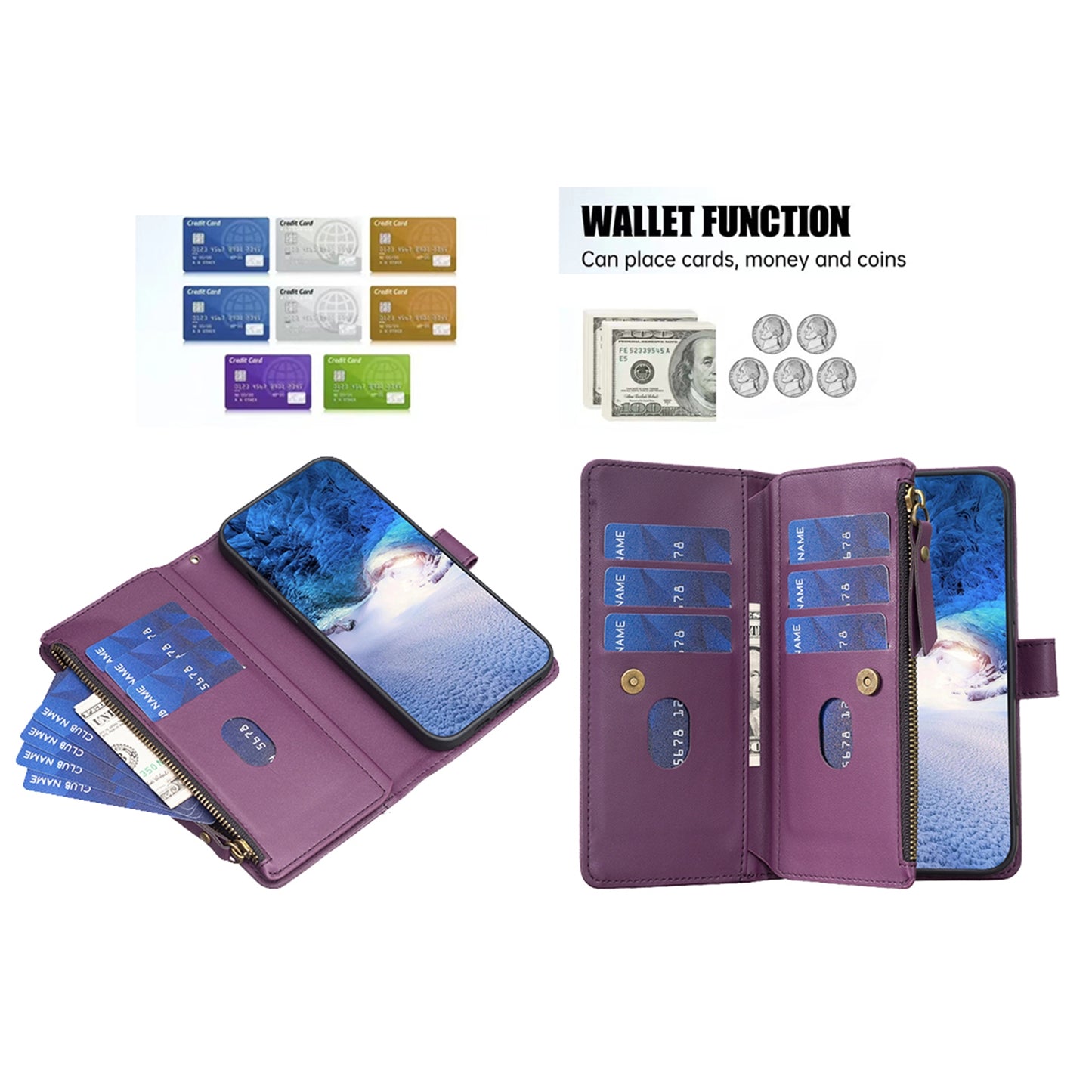 Xiaomi Redmi Note 13 Pro+ 5G Leather Flip Phone Case with 9 Card Slots, Zipper Wallet & Detachable Wristlet Strap