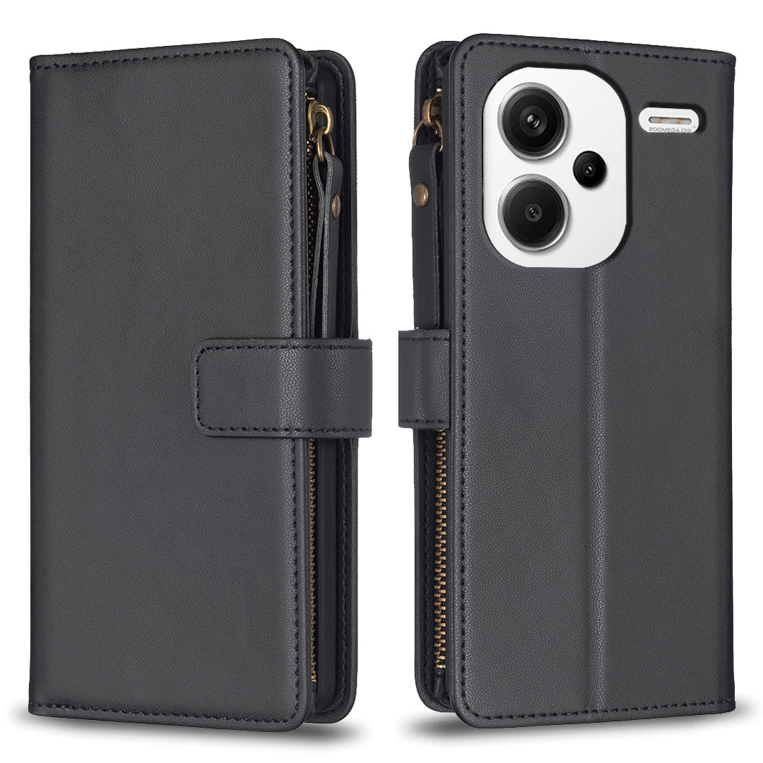 Xiaomi Redmi Note 13 Pro+ 5G Leather Flip Phone Case with 9 Card Slots, Zipper Wallet & Detachable Wristlet Strap