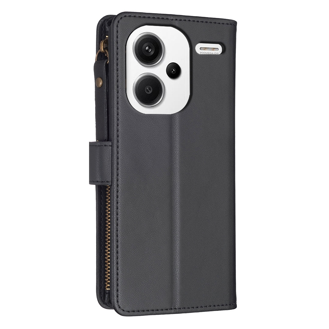 Xiaomi Redmi Note 13 Pro+ 5G Leather Flip Phone Case with 9 Card Slots, Zipper Wallet & Detachable Wristlet Strap