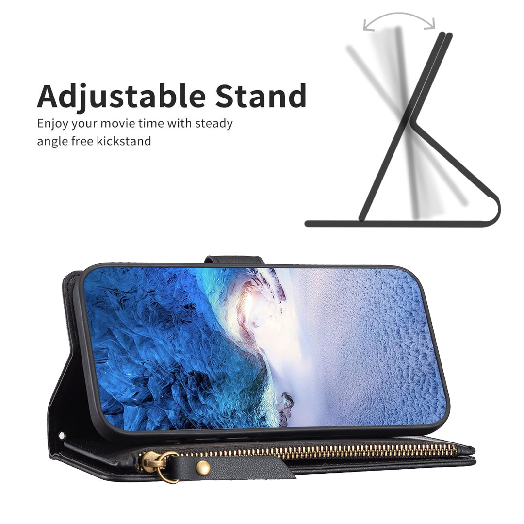 Xiaomi Redmi Note 13 Pro+ 5G Leather Flip Phone Case with 9 Card Slots, Zipper Wallet & Detachable Wristlet Strap
