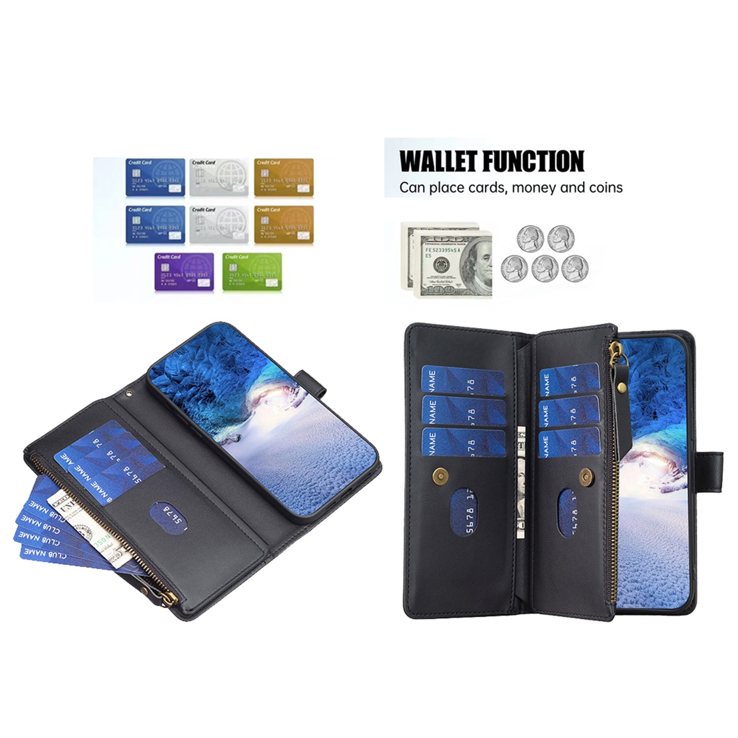 Xiaomi Redmi Note 13 Pro+ 5G Leather Flip Phone Case with 9 Card Slots, Zipper Wallet & Detachable Wristlet Strap