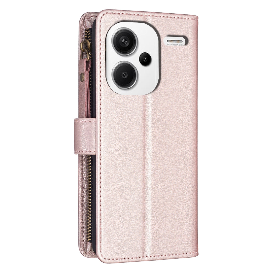 Xiaomi Redmi Note 13 Pro+ 5G Leather Flip Phone Case with 9 Card Slots, Zipper Wallet & Detachable Wristlet Strap