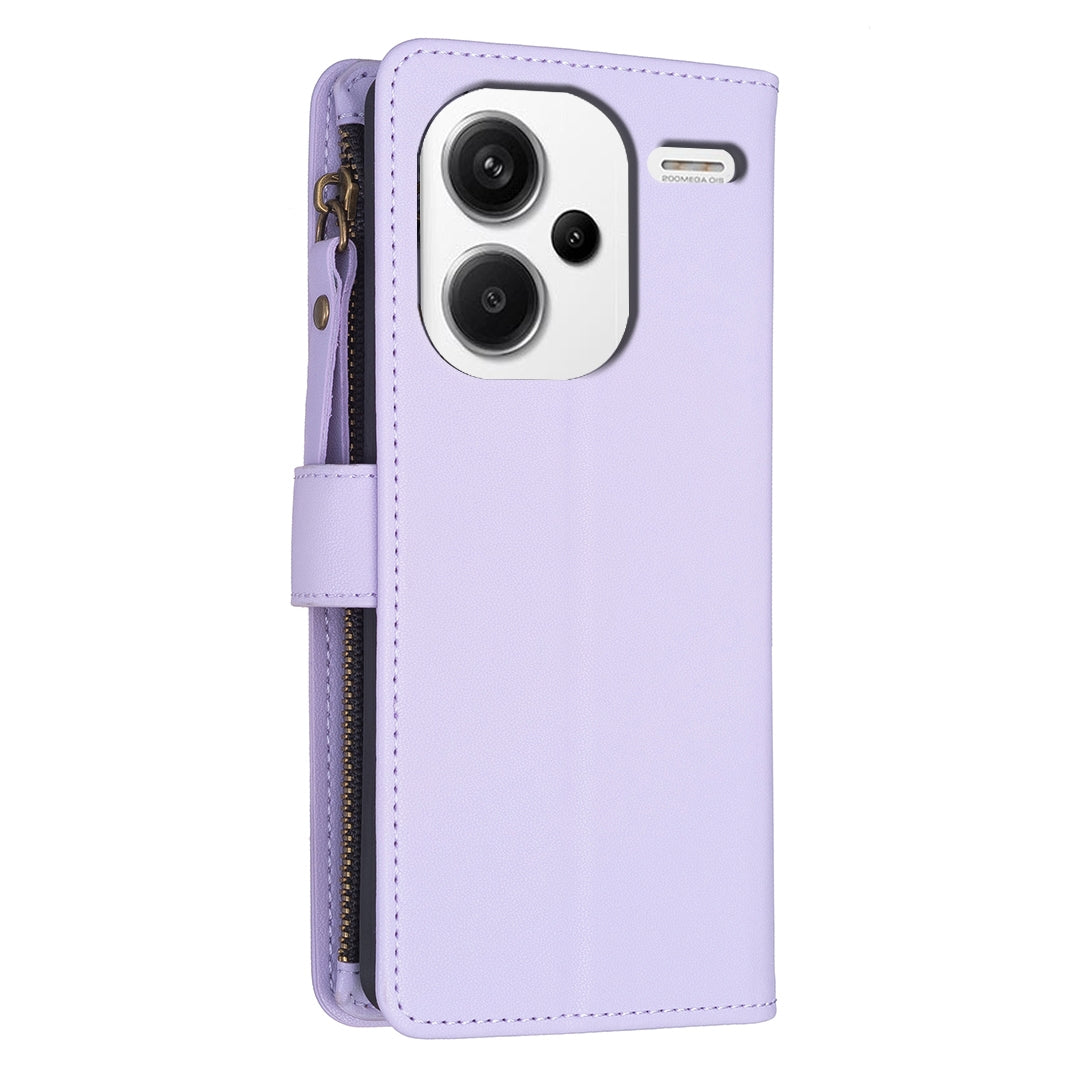 Xiaomi Redmi Note 13 Pro+ 5G Leather Flip Phone Case with 9 Card Slots, Zipper Wallet & Detachable Wristlet Strap