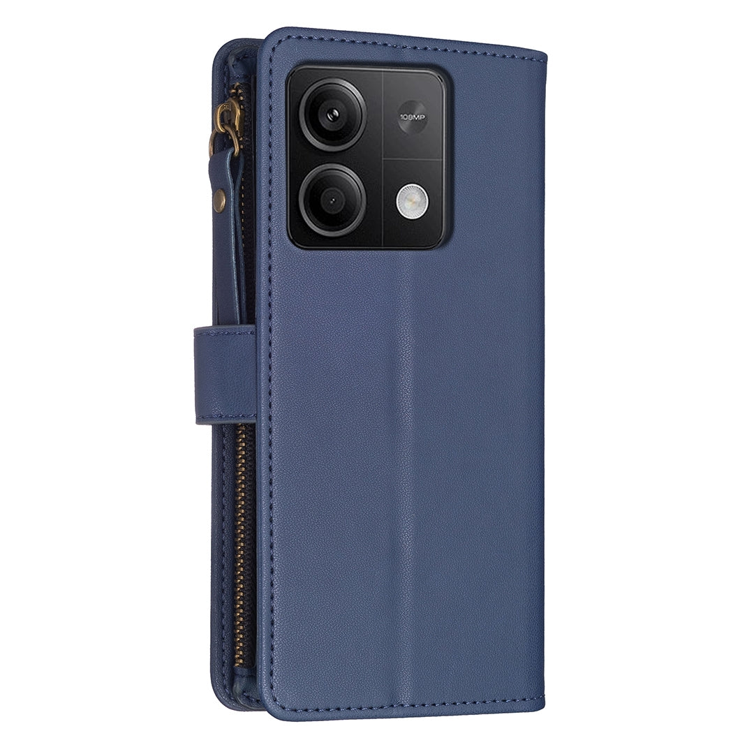 Xiaomi Redmi Note 13 Leather Flip Phone Case with 9 Card Slots, Zipper Wallet & Detachable Wristlet Strap