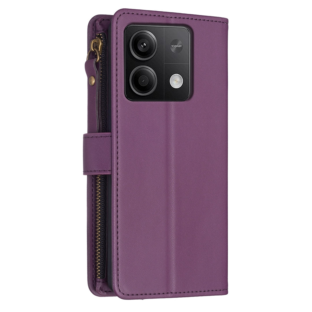 Xiaomi Redmi Note 13 Leather Flip Phone Case with 9 Card Slots, Zipper Wallet & Detachable Wristlet Strap
