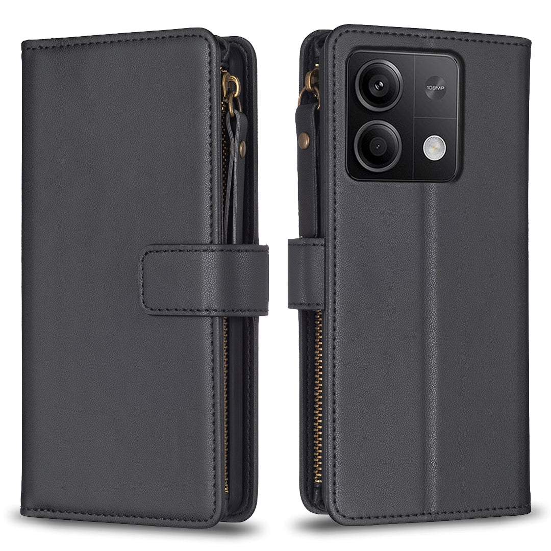 Xiaomi Redmi Note 13 Leather Flip Phone Case with 9 Card Slots, Zipper Wallet & Detachable Wristlet Strap