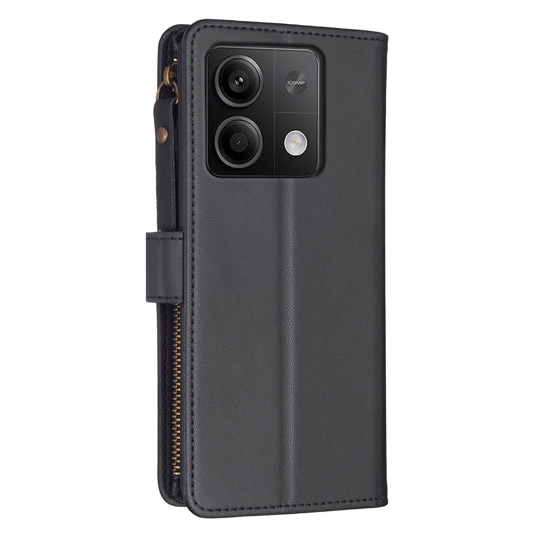 Xiaomi Redmi Note 13 Leather Flip Phone Case with 9 Card Slots, Zipper Wallet & Detachable Wristlet Strap