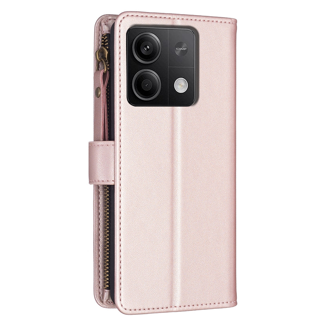Xiaomi Redmi Note 13 Leather Flip Phone Case with 9 Card Slots, Zipper Wallet & Detachable Wristlet Strap