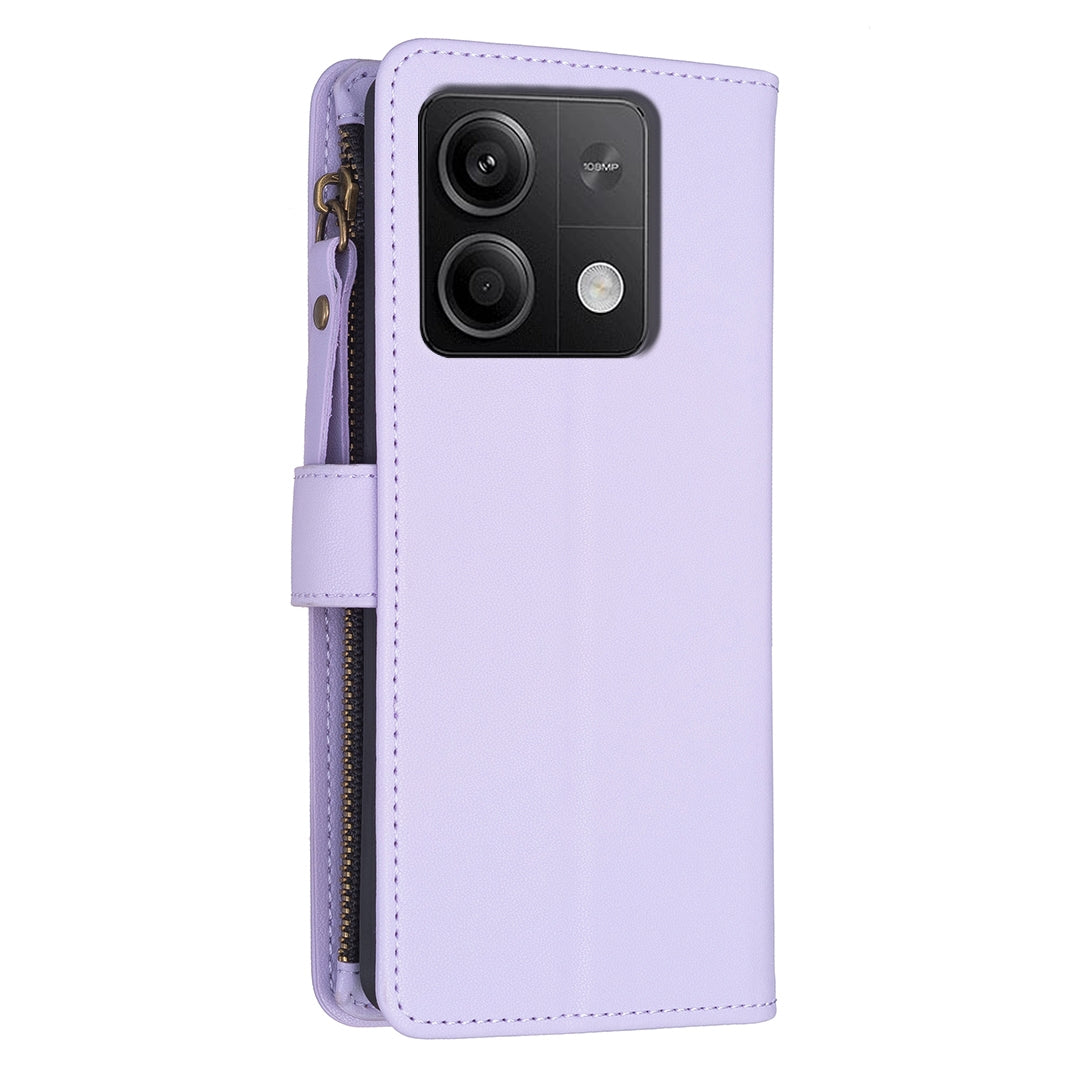 Xiaomi Redmi Note 13 Leather Flip Phone Case with 9 Card Slots, Zipper Wallet & Detachable Wristlet Strap
