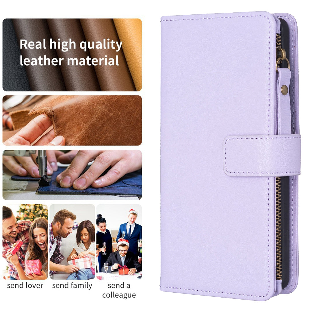 Xiaomi Redmi 13C Leather Flip Phone Case with 9 Card Slots, Zipper Wallet & Detachable Wristlet Strap