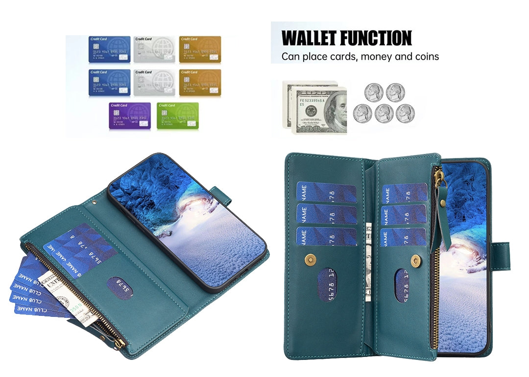 Xiaomi Redmi Note 13 Pro 4G Global Leather Flip Phone Case with 9 Card Slots, Zipper Wallet & Detachable Wristlet Strap