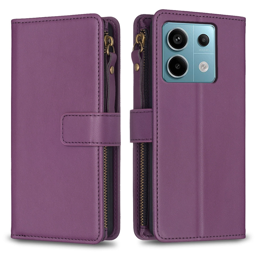 Xiaomi Redmi Note 13 Pro 4G Global Leather Flip Phone Case with 9 Card Slots, Zipper Wallet & Detachable Wristlet Strap