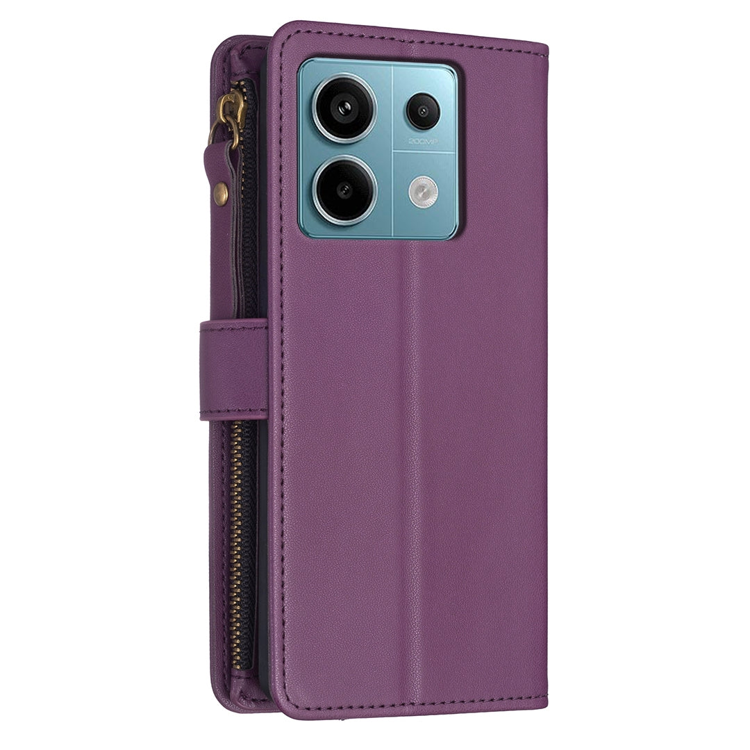 Xiaomi Redmi Note 13 Pro 4G Global Leather Flip Phone Case with 9 Card Slots, Zipper Wallet & Detachable Wristlet Strap