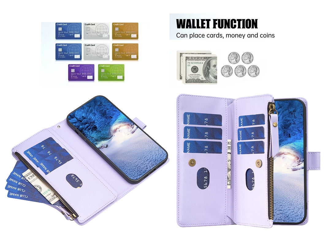 Xiaomi Redmi Note 13 Pro 4G Global Leather Flip Phone Case with 9 Card Slots, Zipper Wallet & Detachable Wristlet Strap