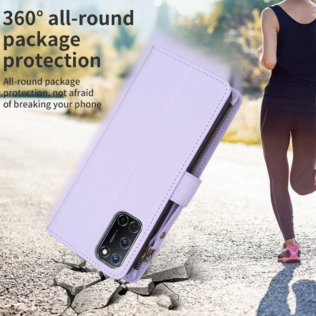 OPPO A52 Leather Flip Phone Case with 9 Card Slots, Zipper Wallet & Detachable Wristlet Strap