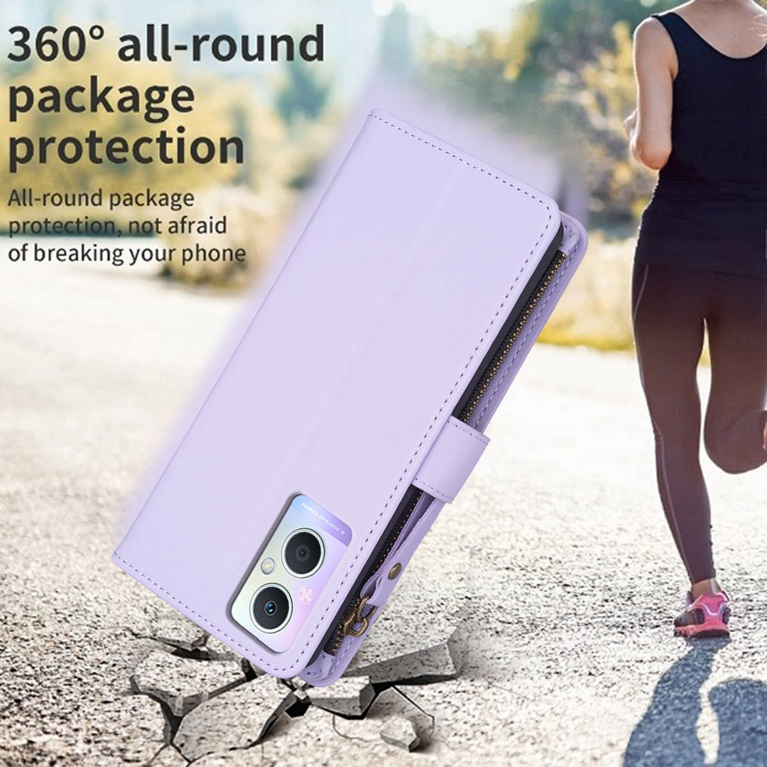 OPPO Reno7 Z Leather Flip Phone Case with 9 Card Slots, Zipper Wallet & Detachable Wristlet Strap