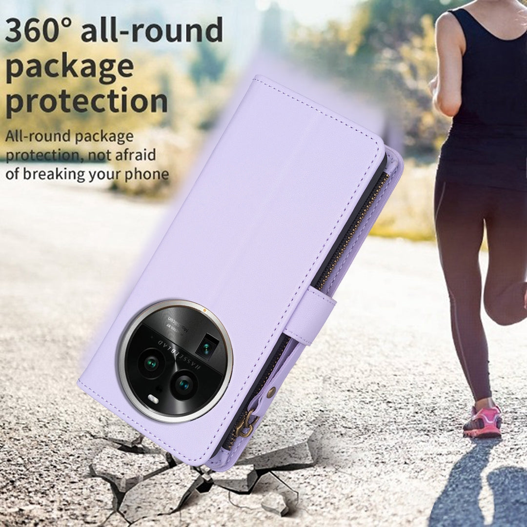 OPPO Find X6 Pro Leather Flip Phone Case with 9 Card Slots, Zipper Wallet & Detachable Wristlet Strap