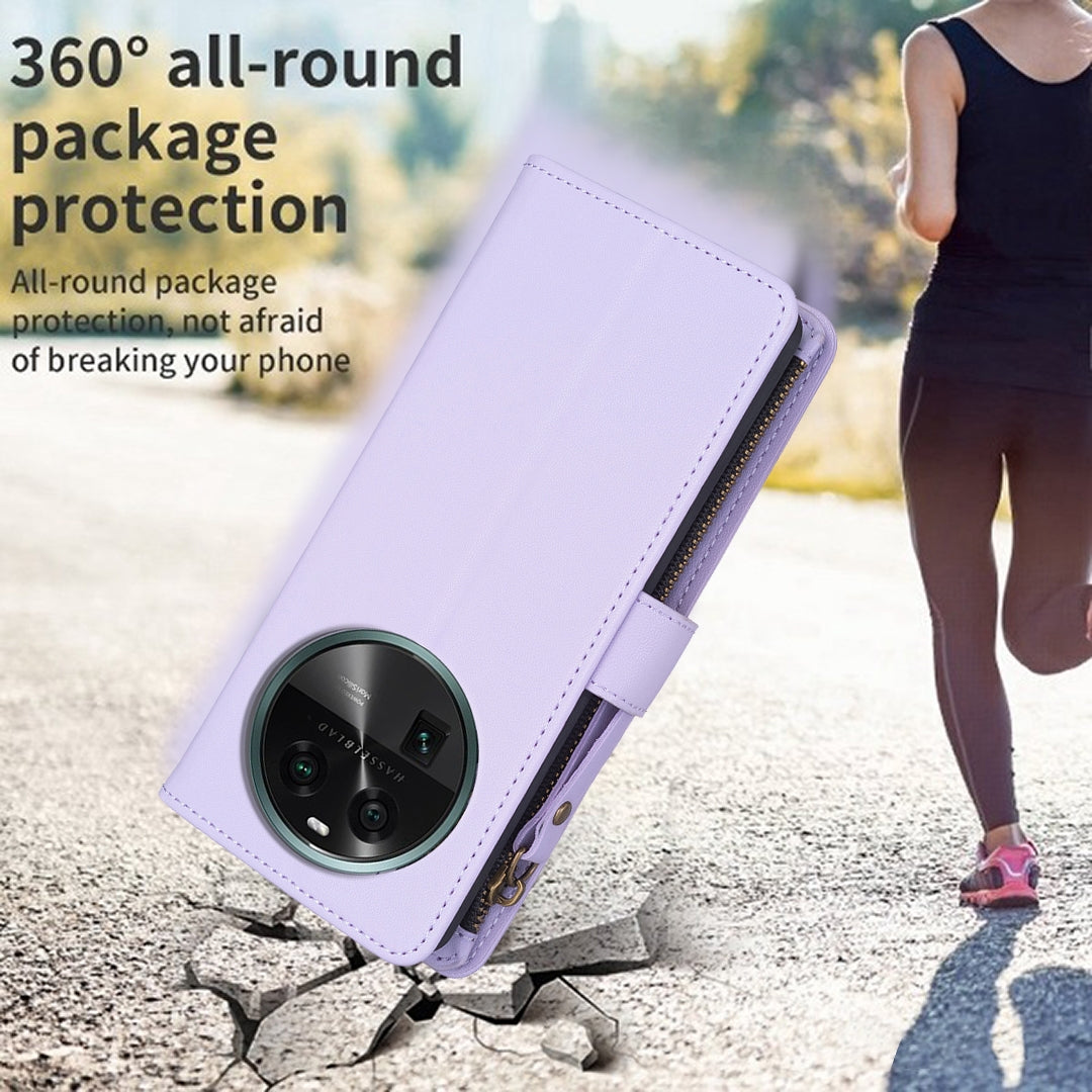 OPPO Find X6 Leather Flip Phone Case with 9 Card Slots, Zipper Wallet & Detachable Wristlet Strap