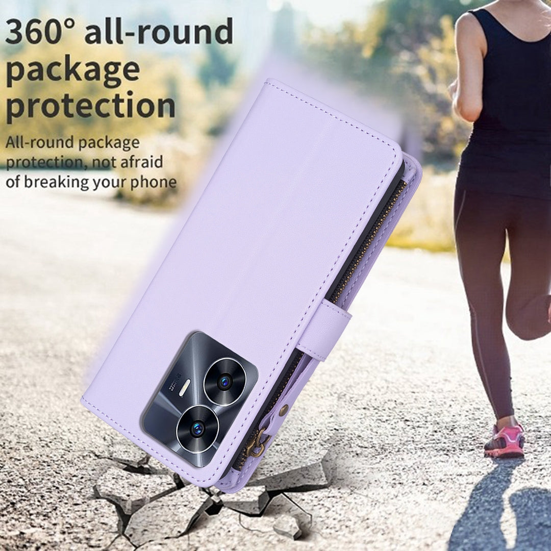 Realme C55 Leather Flip Phone Case with 9 Card Slots, Zipper Wallet & Detachable Wristlet Strap