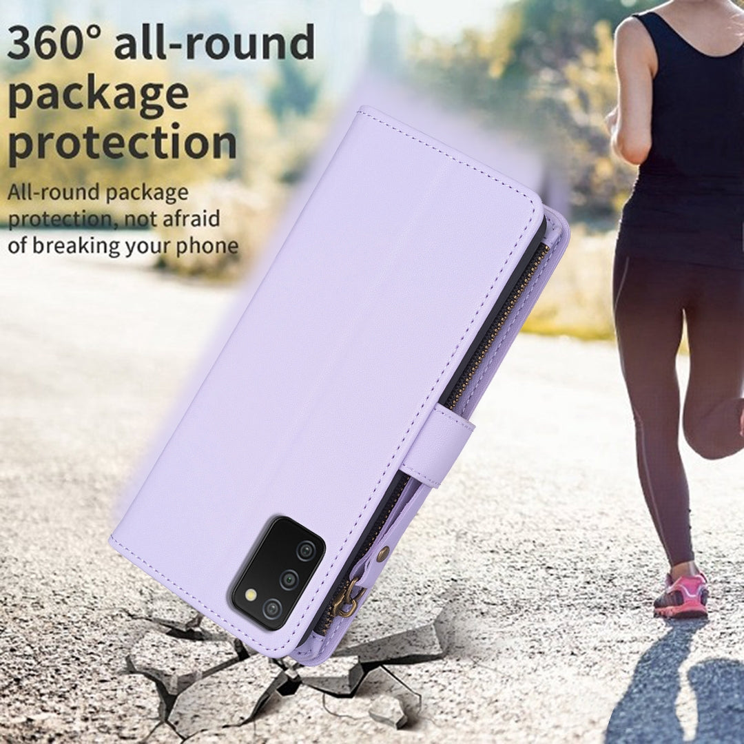 Samsung Galaxy A03s Leather Flip Phone Case with 9 Card Slots, Zipper Wallet & Detachable Wristlet Strap