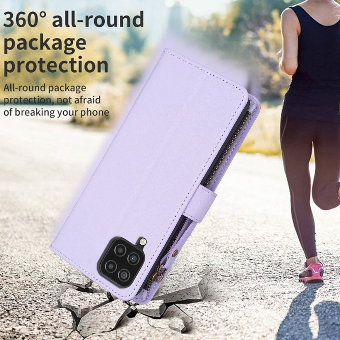 Samsung Galaxy A12 Leather Flip Phone Case with 9 Card Slots, Zipper Wallet & Detachable Wristlet Strap