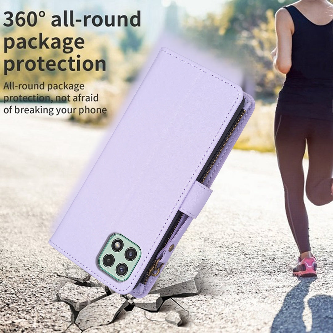 Samsung Galaxy A22 5G Leather Flip Phone Case with 9 Card Slots, Zipper Wallet & Detachable Wristlet Strap