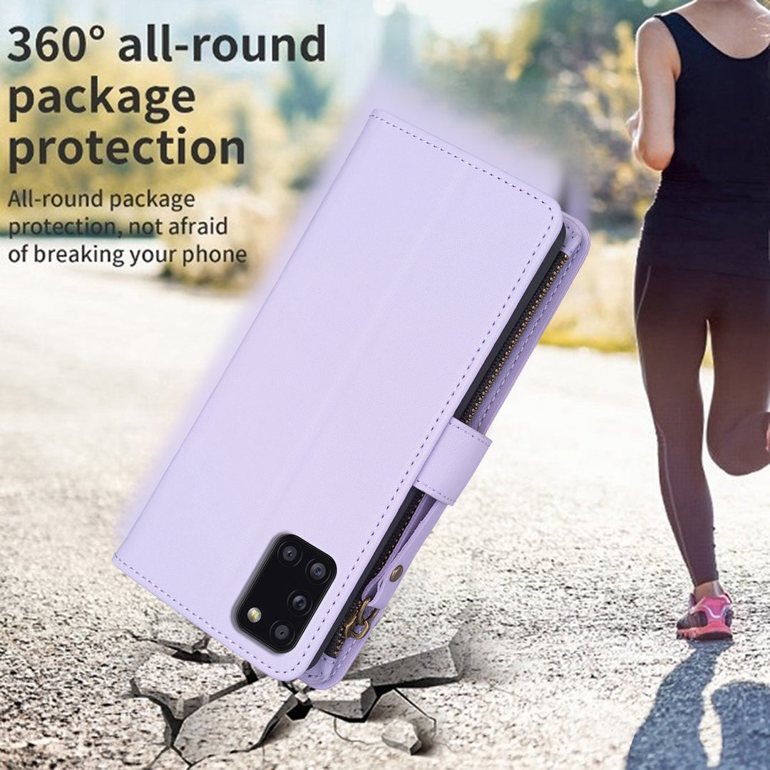 Samsung Galaxy A31 Leather Flip Phone Case with 9 Card Slots, Zipper Wallet & Detachable Wristlet Strap