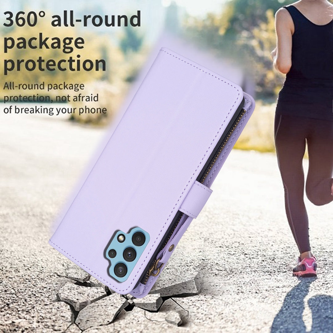 Samsung Galaxy A32 4G Leather Flip Phone Case with 9 Card Slots, Zipper Wallet & Detachable Wristlet Strap