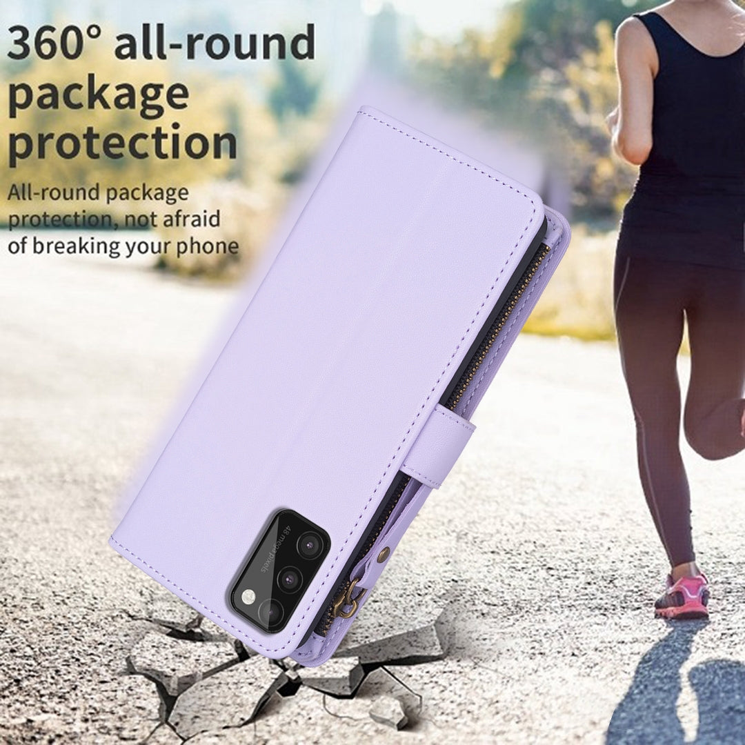 Samsung Galaxy A41 Leather Flip Phone Case with 9 Card Slots, Zipper Wallet & Detachable Wristlet Strap