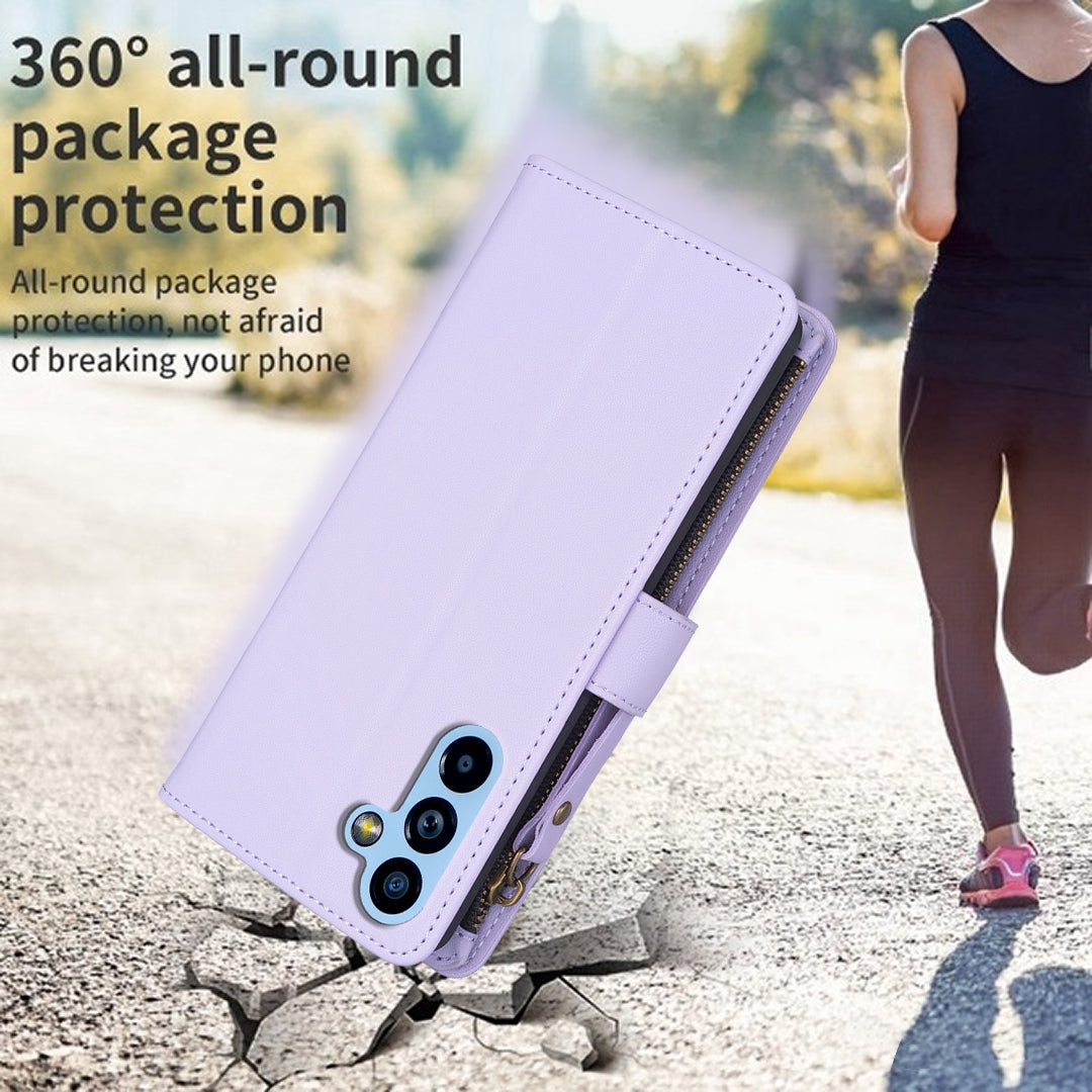 Samsung Galaxy A54 5G Leather Flip Phone Case with 9 Card Slots, Zipper Wallet & Detachable Wristlet Strap