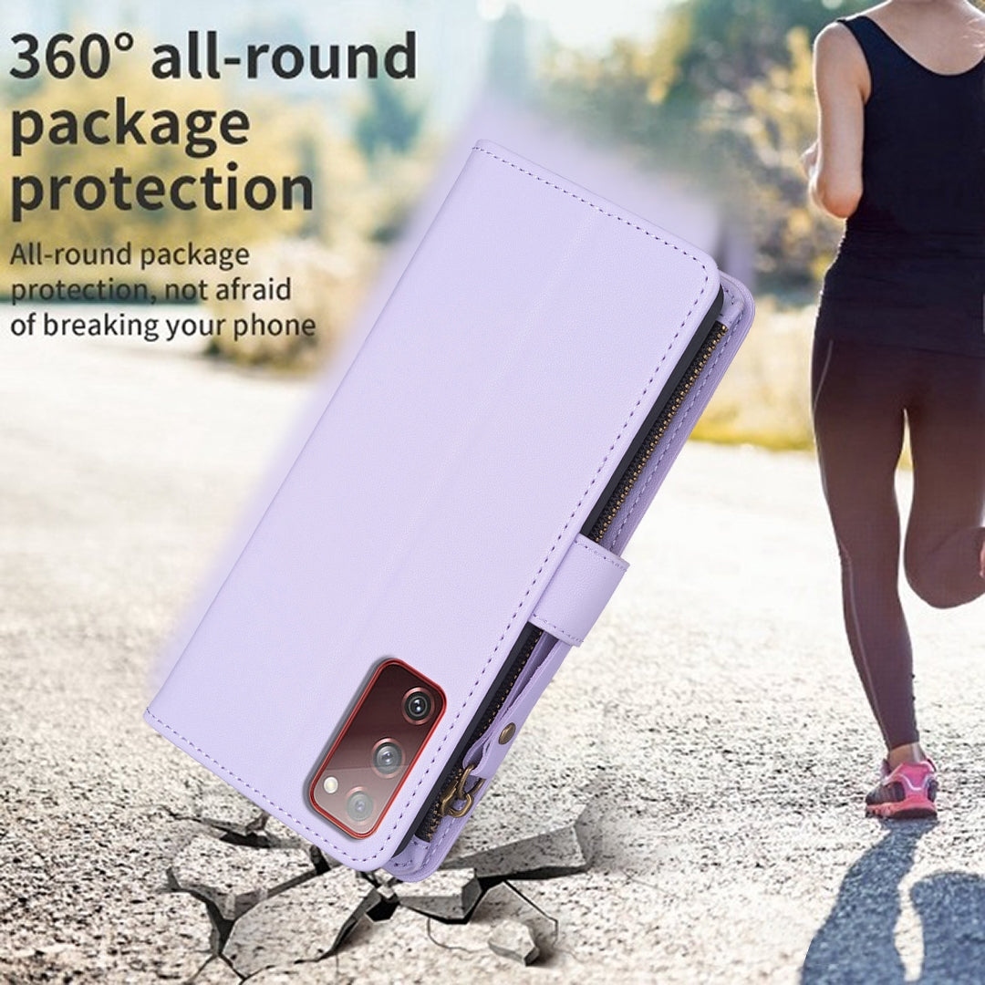 Samsung Galaxy S20 FE Leather Flip Phone Case with 9 Card Slots, Zipper Wallet & Detachable Wristlet Strap