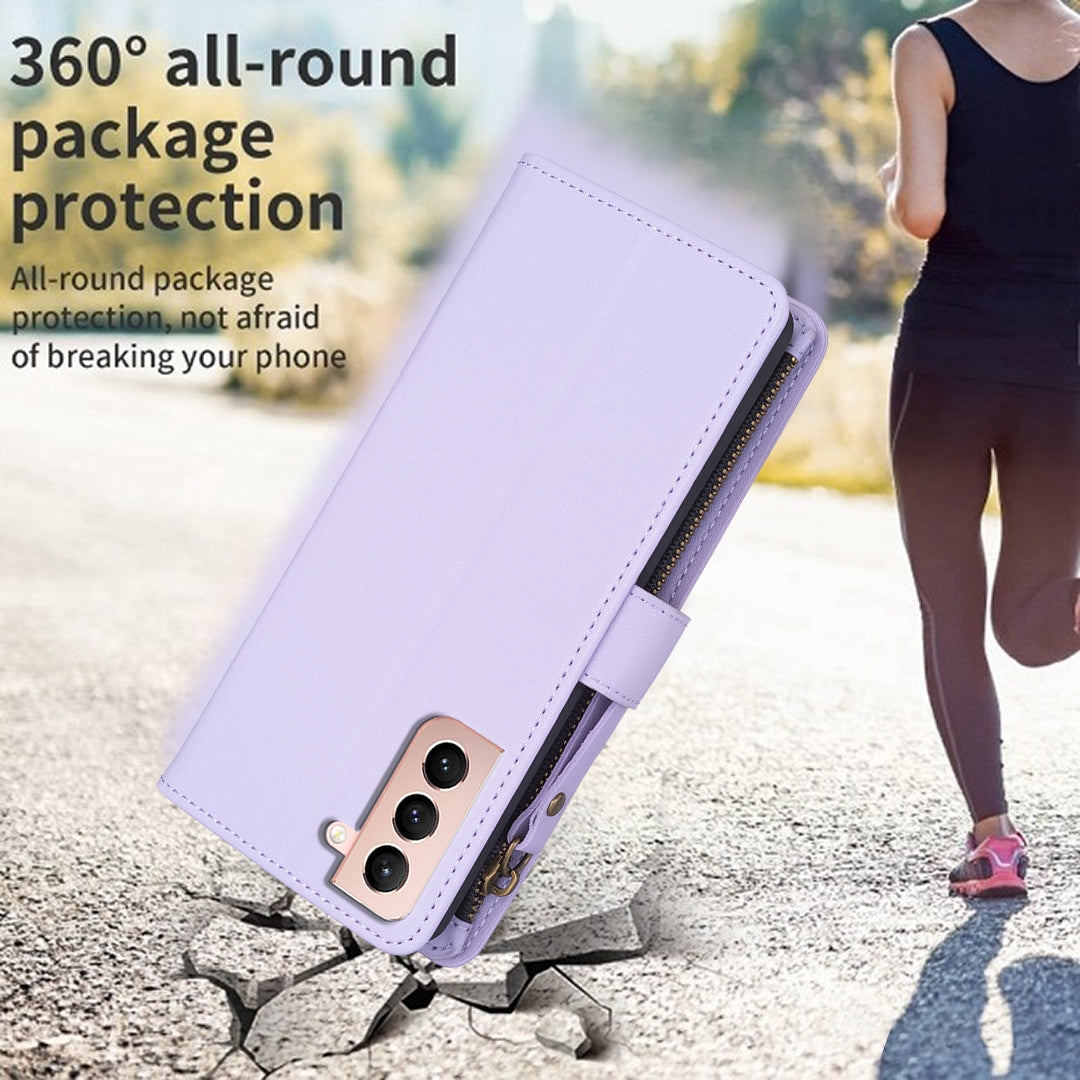 Samsung Galaxy S21 5G Leather Flip Phone Case with 9 Card Slots, Zipper Wallet & Detachable Wristlet Strap