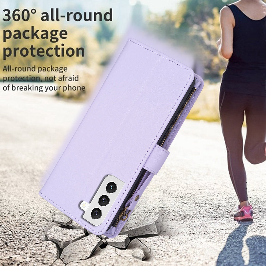 Samsung Galaxy S22 5G Leather Flip Phone Case with 9 Card Slots, Zipper Wallet & Detachable Wristlet Strap