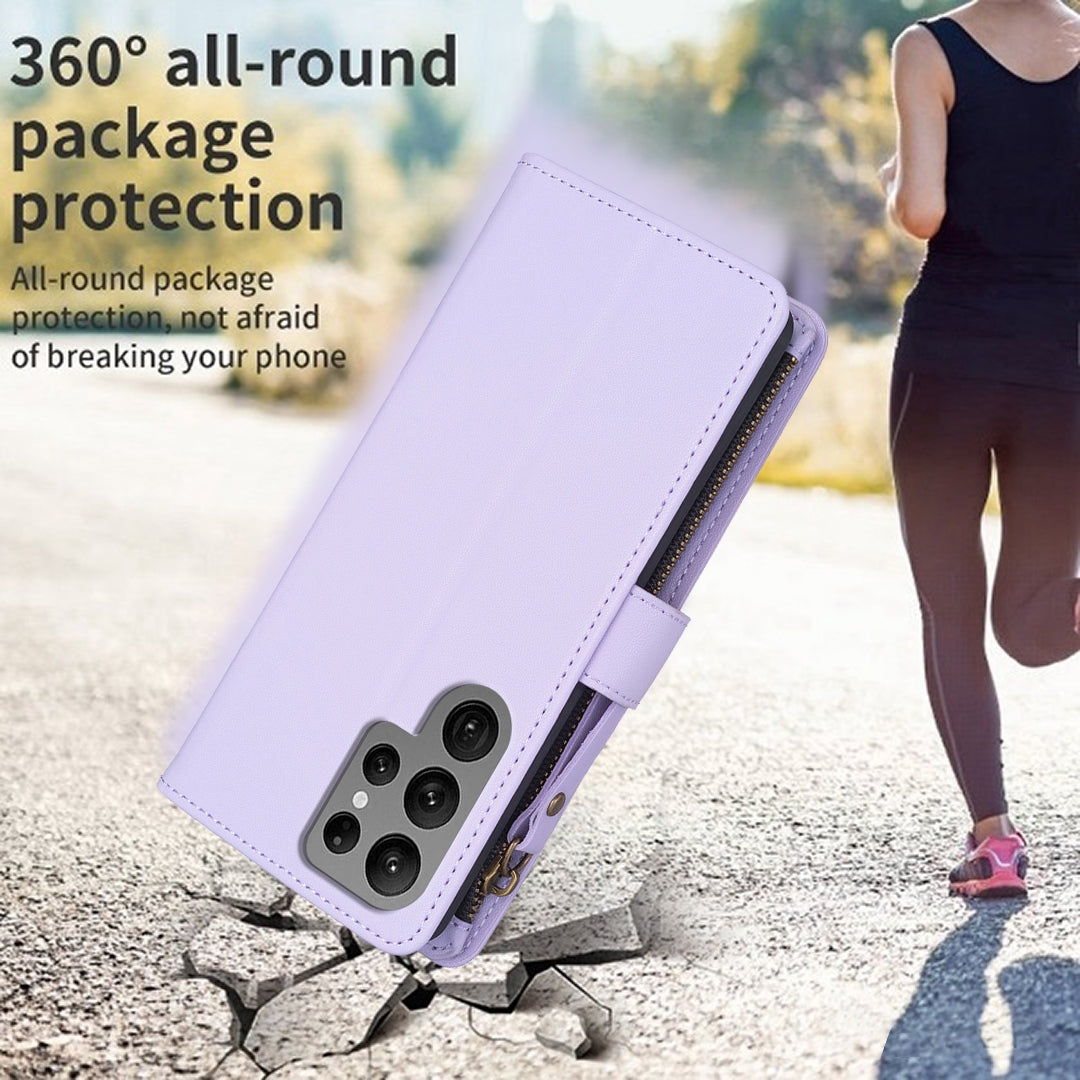 Samsung Galaxy S24 Ultra 5G Leather Flip Phone Case with 9 Card Slots, Zipper Wallet & Detachable Wristlet Strap